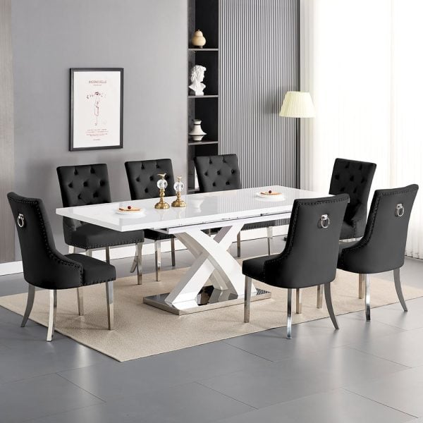 Axara Large Extending White Dining Table 8 Imperial Black Chairs | Bed Sava