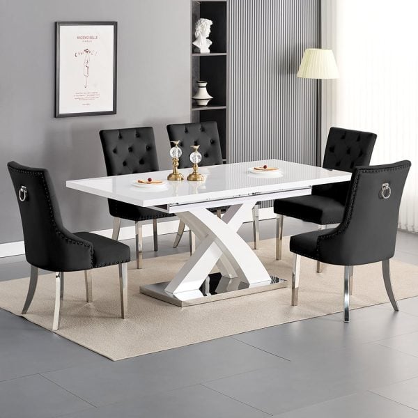Axara Large Extending White Dining Table 6 Imperial Black Chairs | Bed Sava