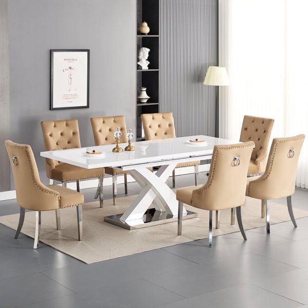 Axara Large Extending White Dining Table 8 Imperial Champagne Chairs | Bed Sava