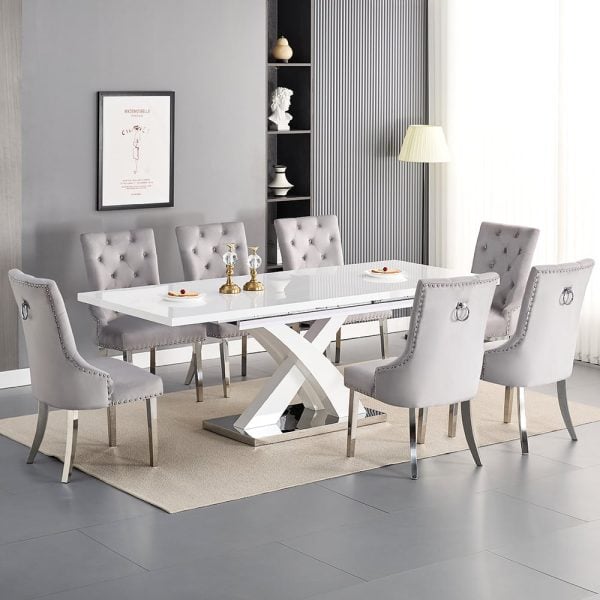 Axara Large Extending White Dining Table 8 Imperial Grey Chairs | Bed Sava
