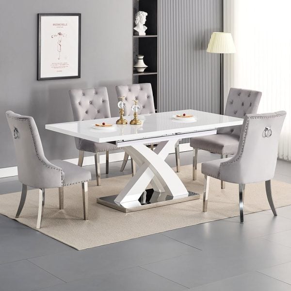 Axara Large Extending White Dining Table 6 Imperial Grey Chairs | Bed Sava