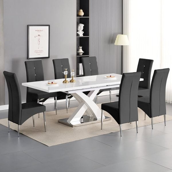 Axara Large Extending White Dining Table 8 Vesta Black Chairs | Bed Sava