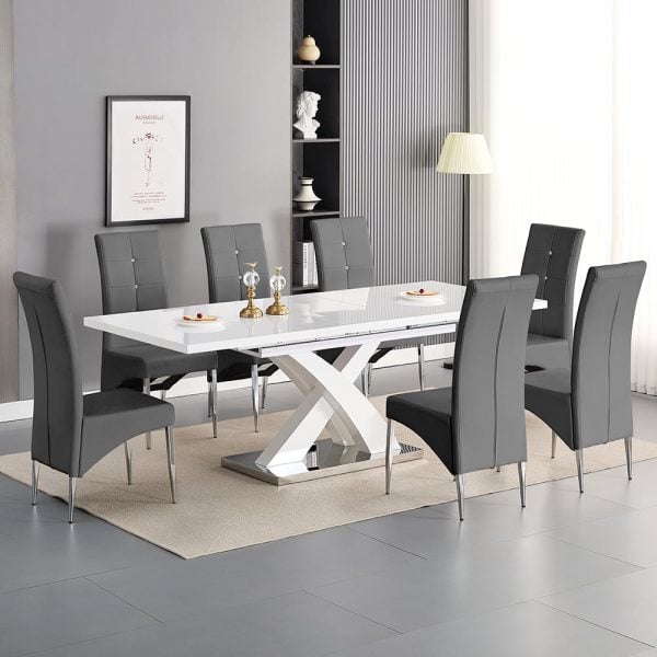 Axara Large Extending White Dining Table 8 Vesta Grey Chairs | Bed Sava