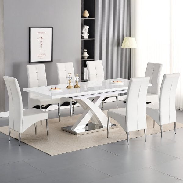 Axara Large Extending White Dining Table 8 Vesta White Chairs | Bed Sava