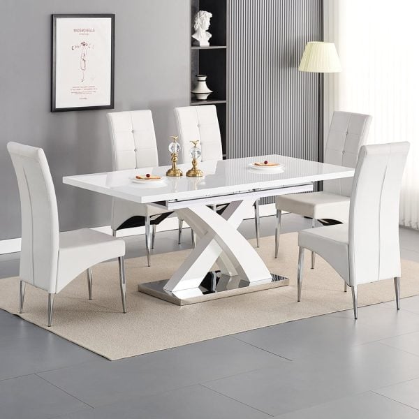 Axara Large Extending White Dining Table 6 Vesta White Chairs | Bed Sava
