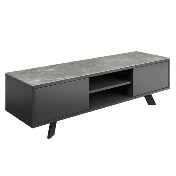 Azure Matte Grey Ceramic Top TV Stand With Grey Wooden Base | Bed Sava