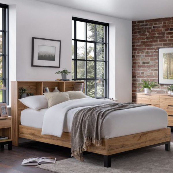 Baara Wooden Double Bed With Bookcase Headboard In Oak | Bed Sava