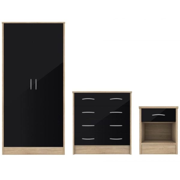 Babylon Wooden Bedroom Set 2 Black Gloss Doors Wardrobe In Oak | Bed Sava