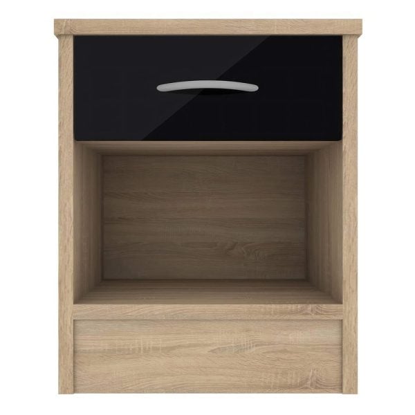 Babylon Wooden Bedside Cabinet With 1 Black Gloss Drawer In Oak | Bed Sava