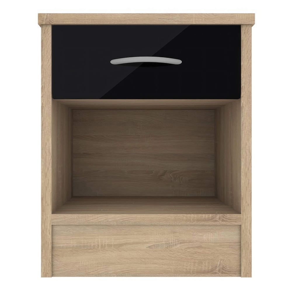 Babylon Wooden Bedside Cabinet With 1 Black Gloss Drawer In Oak