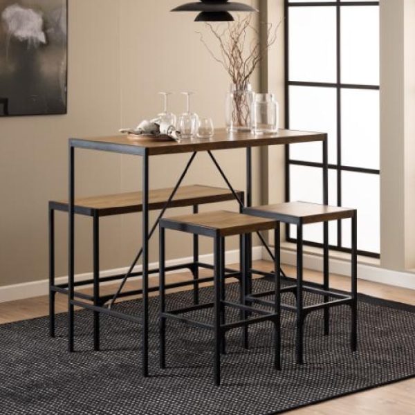 Bagdad Wooden Bar Table With 1 Bench 2 Stools In Rustic Oak | Bed Sava