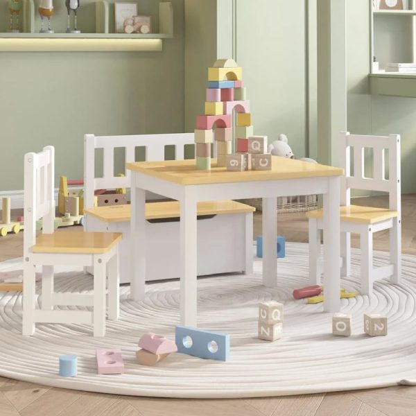 Bagdad Wooden Children Table With 2 Chairs 1 Bench In White Beige | Bed Sava