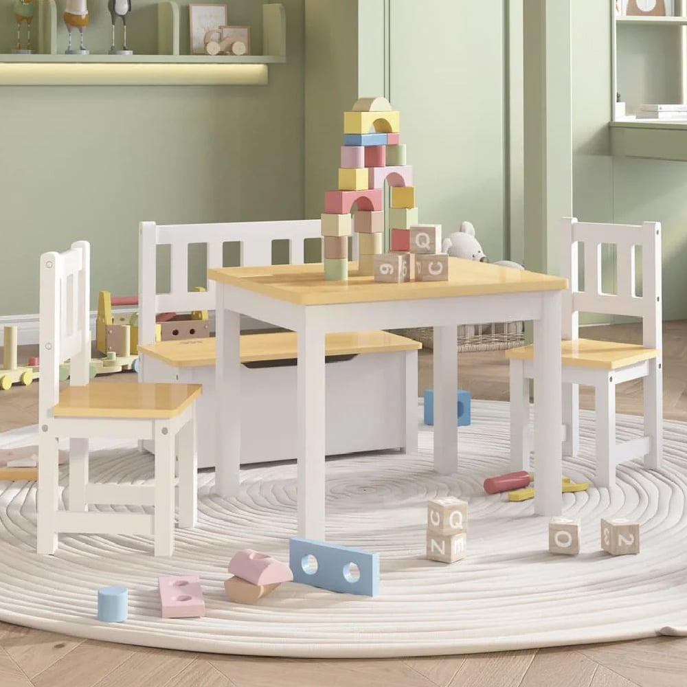 Bagdad Wooden Children Table With 2 Chairs 1 Bench In White Beige