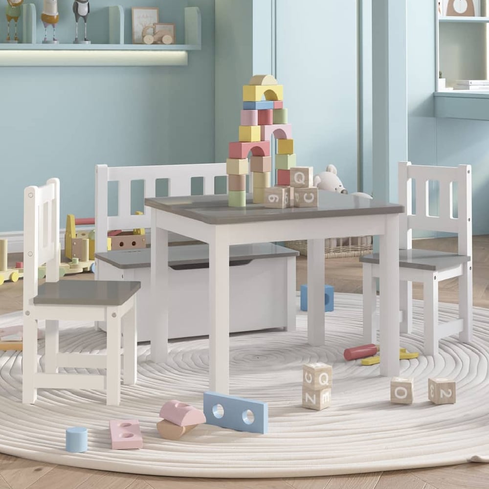 Bagdad Wooden Children Table With 2 Chairs 1 Bench In White Grey