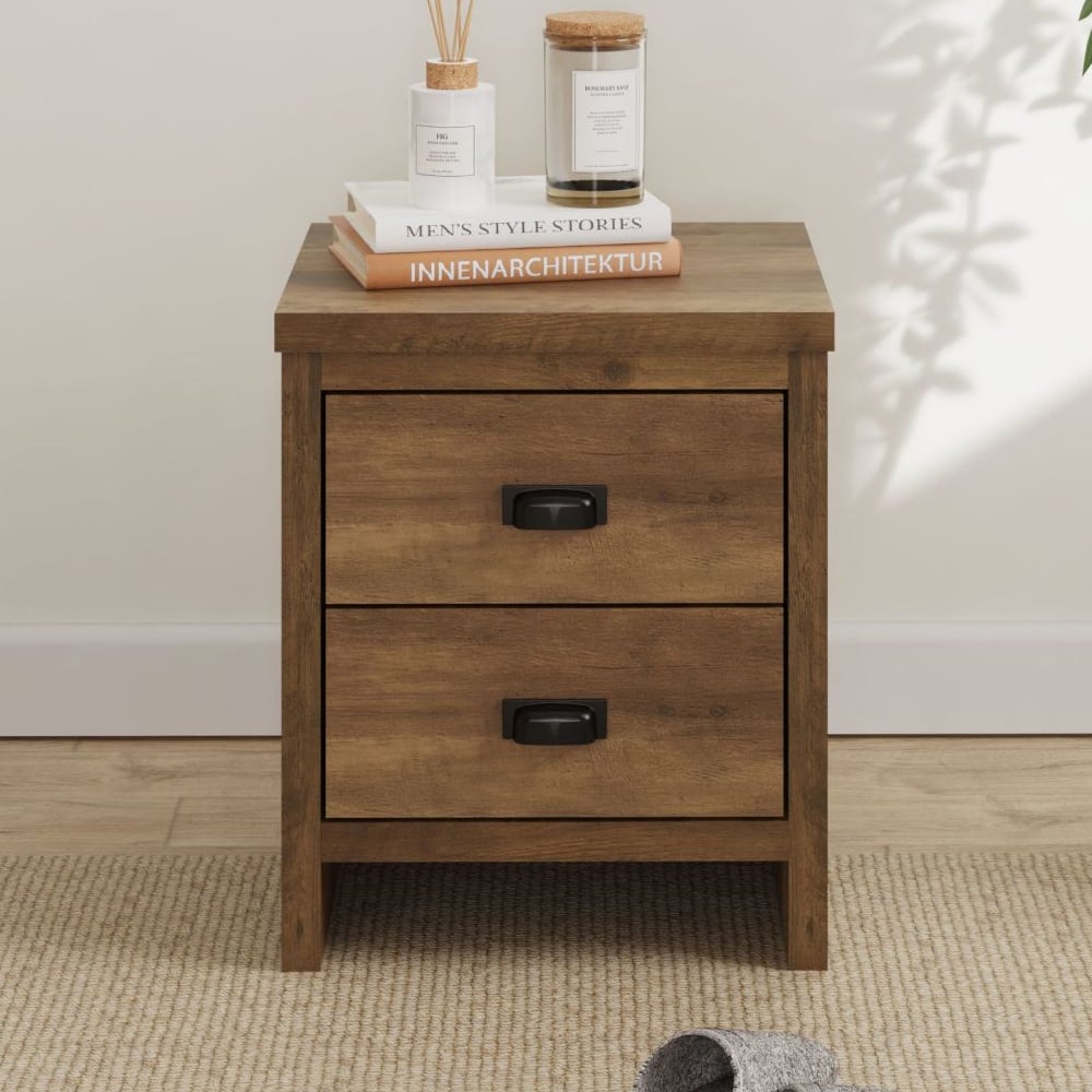 Balcombe Wooden Bedside Cabinet With 2 Drawers In Knotty Oak