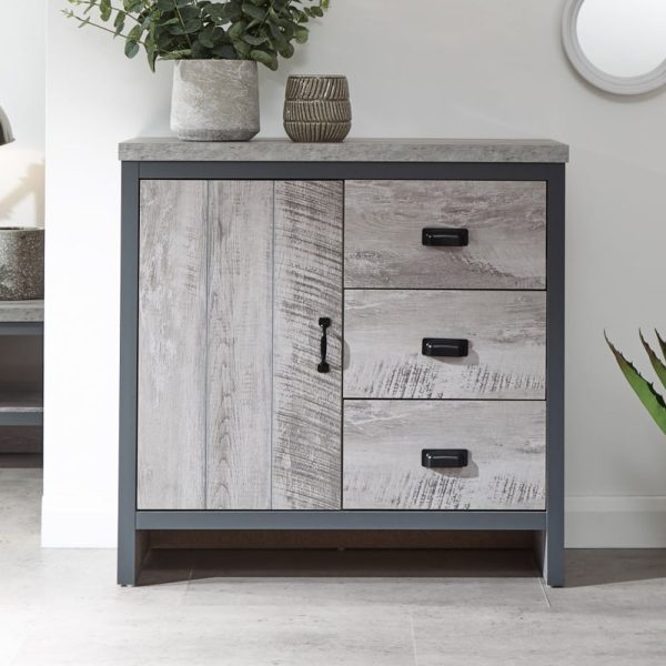 Balcombe Wooden Sideboard With 1 Door 3 Drawers In Grey | Bed Sava