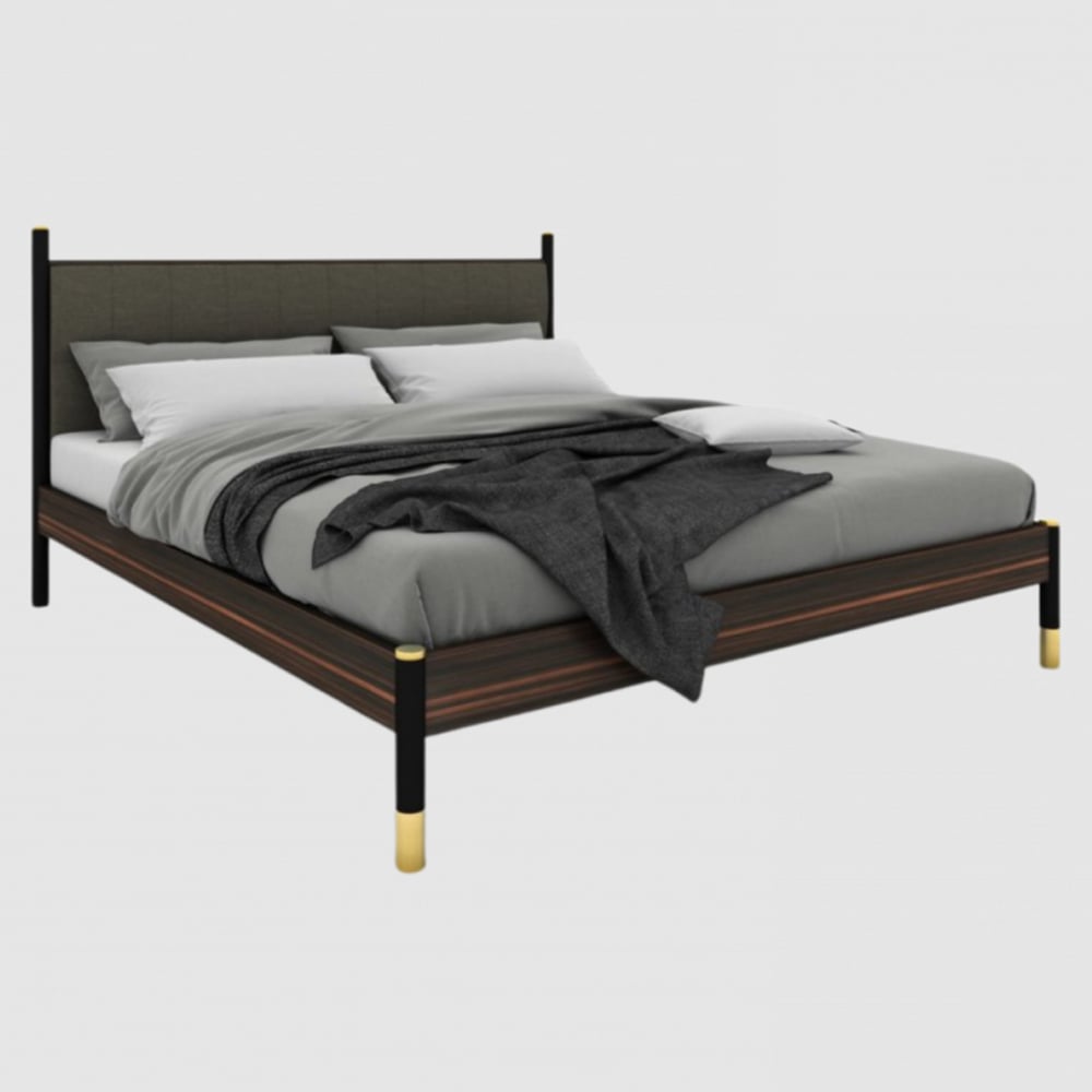 Balta Wooden Double Bed With Grey Fabric Headboard In Ebony