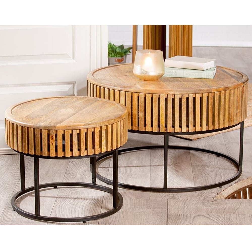 Balzac Wooden Set Of 2 Side Tables With Black Frame In Natural