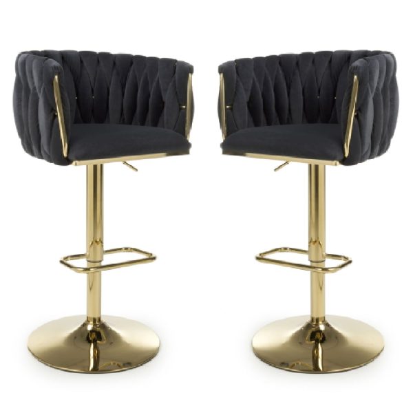 Bangor Black Velvet Bar Stools With Gold Base In Pair | Bed Sava