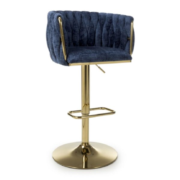 Bangor Fabric Bar Stool With Gold Base In Blue | Bed Sava