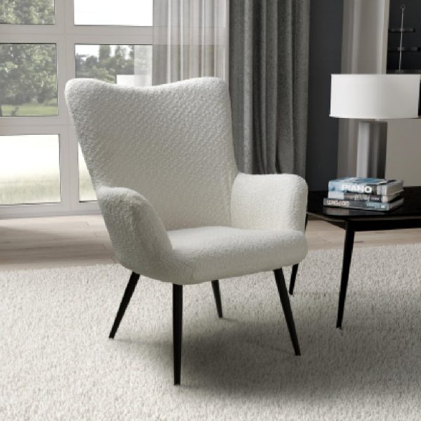 Baraboo Chenille Fabric Armchair With Black Legs In White | Bed Sava