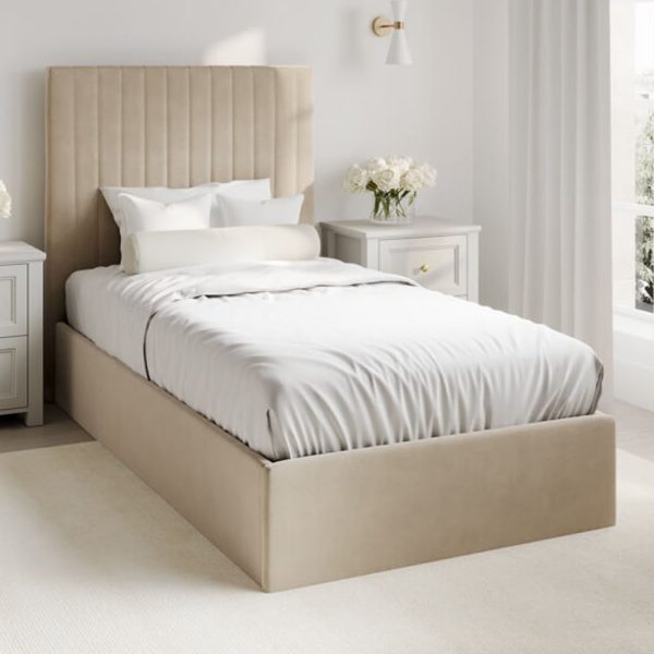 Barlyn Tall Fabric Ottoman Storage Single Bed In Beige | Bed Sava