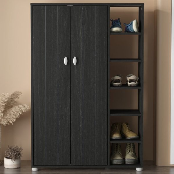 Barrie Tall Wooden Shoe Storage Cabinet In Rustick Black Oak | Bed Sava