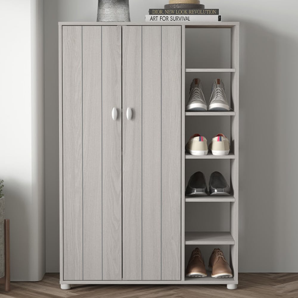 Barrie Tall Wooden Shoe Storage Cabinet In Warm Grey Oak