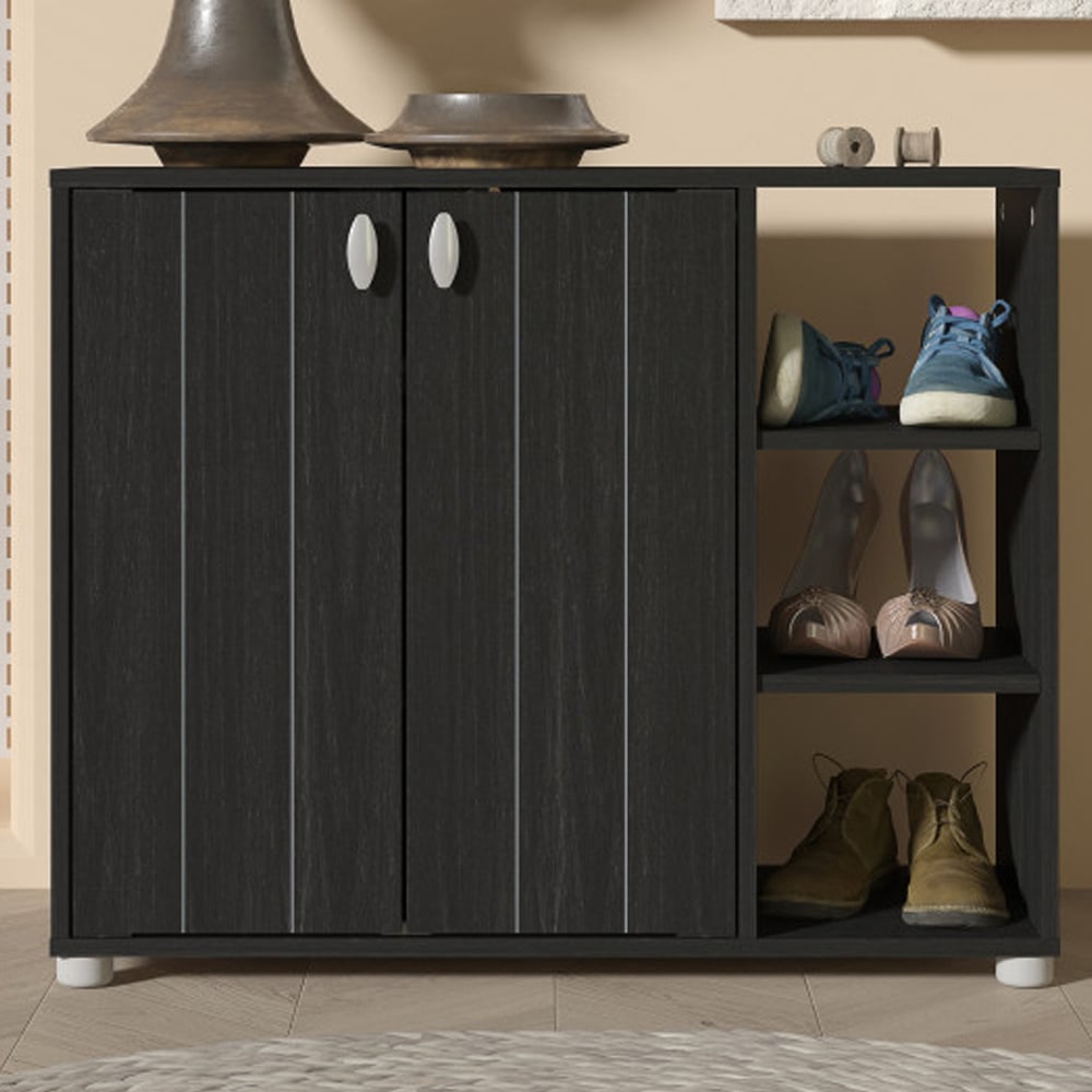 Barrie Wide Wooden Shoe Storage Cabinet In Rustick Black Oak