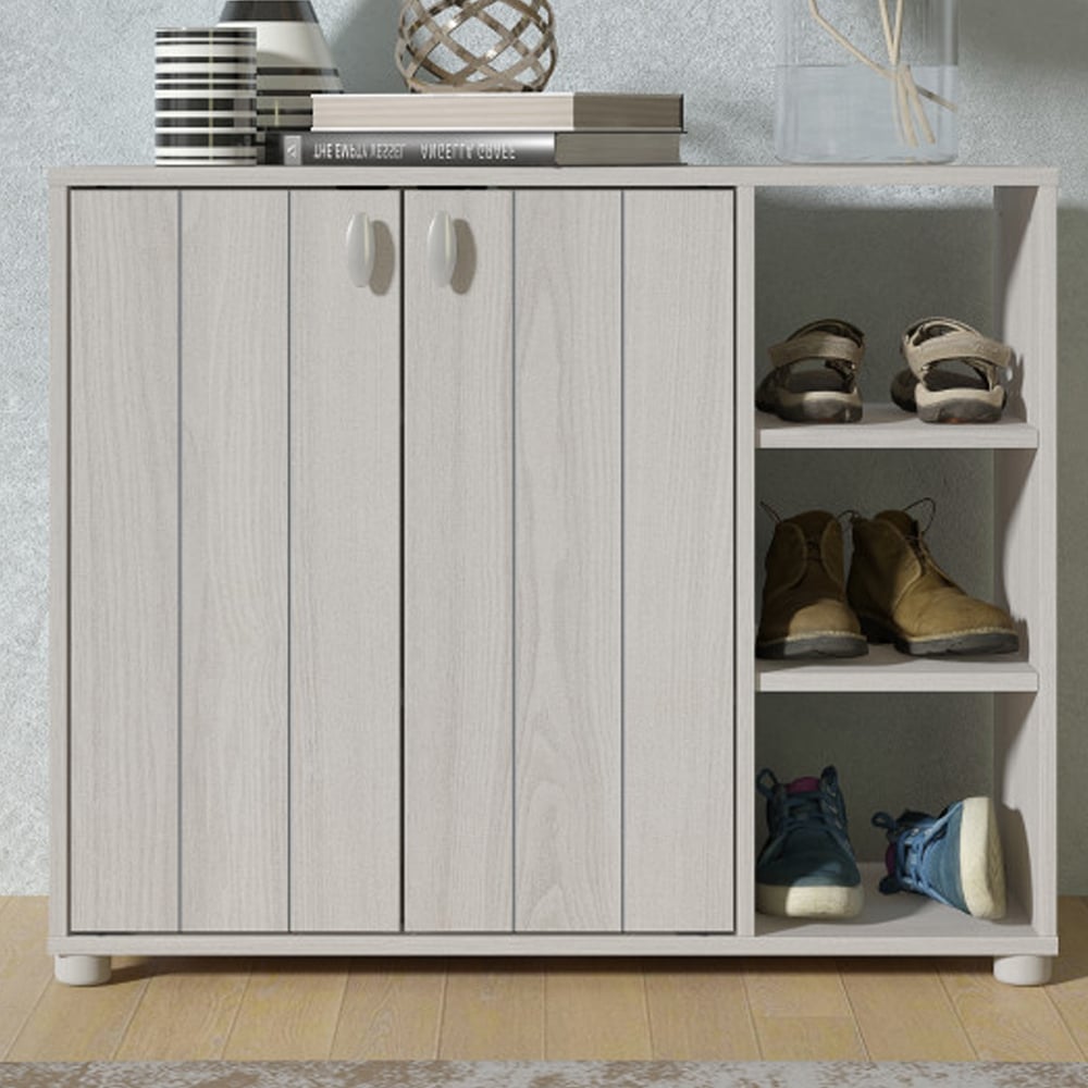 Barrie Wide Wooden Shoe Storage Cabinet In Warm Grey Oak