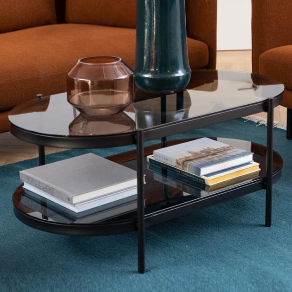 Baryon Smoked Glass Oval Coffee Table With Black Metal Frame