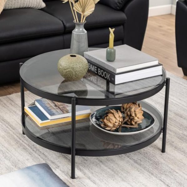 Baryon Smoked Glass Round Coffee Table With Black Metal Frame | Bed Sava