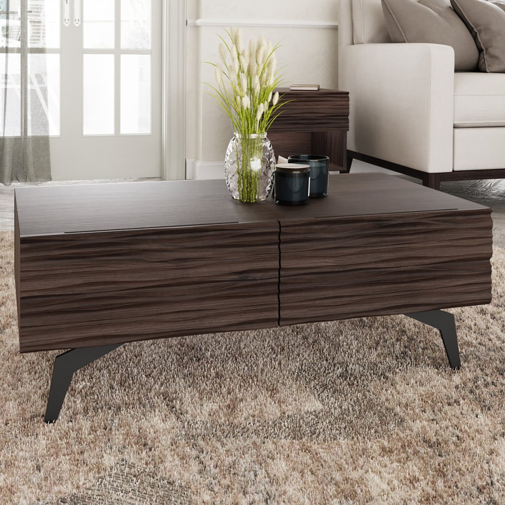 Basalt Wooden Coffee Table With 2 Drawers In Dark Walnut