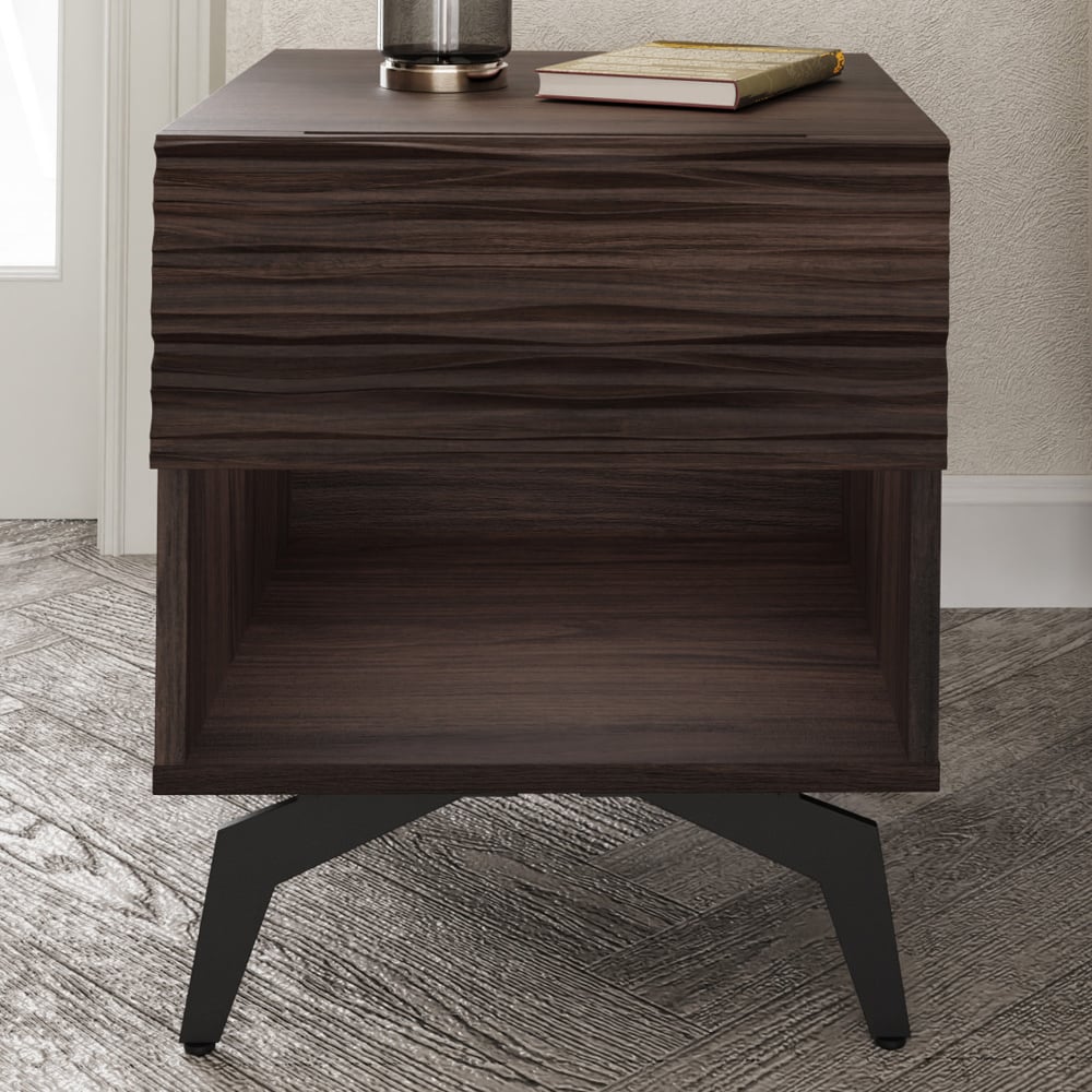 Basalt Wooden Lamp Table With 1 Drawer In Dark Walnut