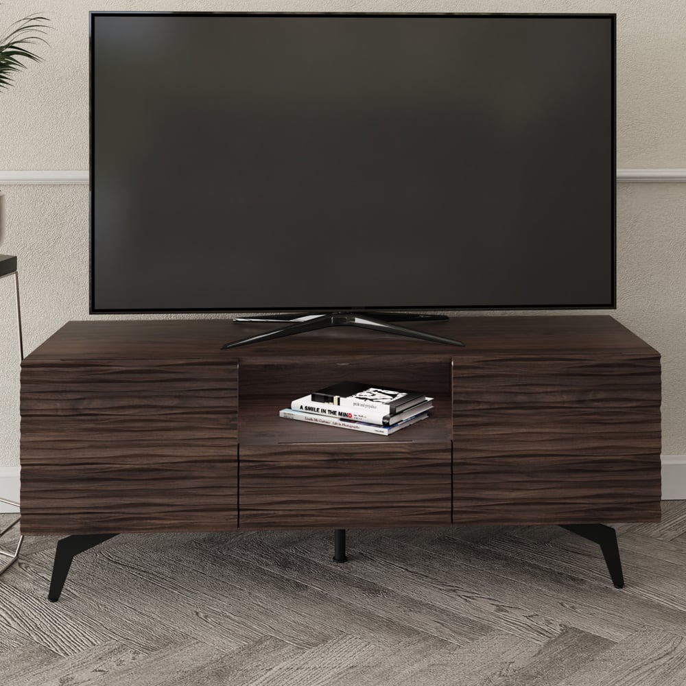 Basalt Wooden TV Stand With 2 Doors 1 Drawer In Dark Walnut