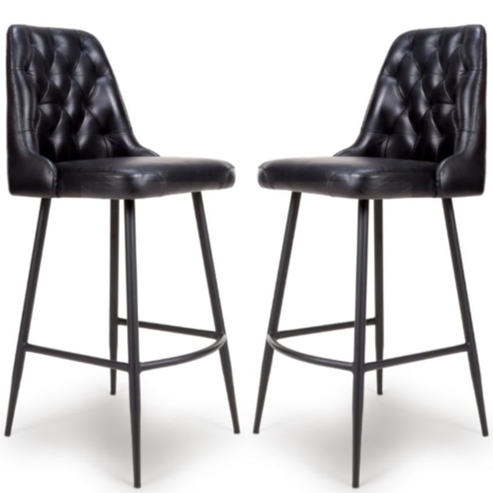 Basel Black Buffalo Leather Bar Chairs In Pair