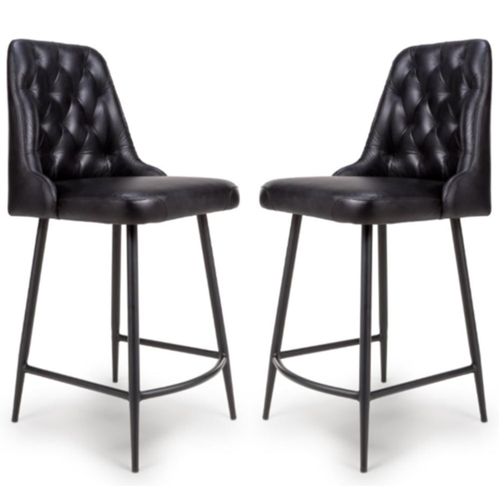 Basel Black Buffalo Leather Counter Bar Chairs In Pair