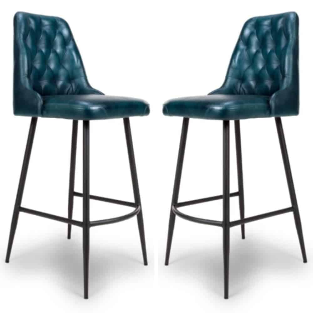 Basel Blue Buffalo Leather Bar Chairs In Pair