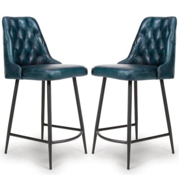 Basel Blue Buffalo Leather Counter Bar Chairs In Pair | Bed Sava