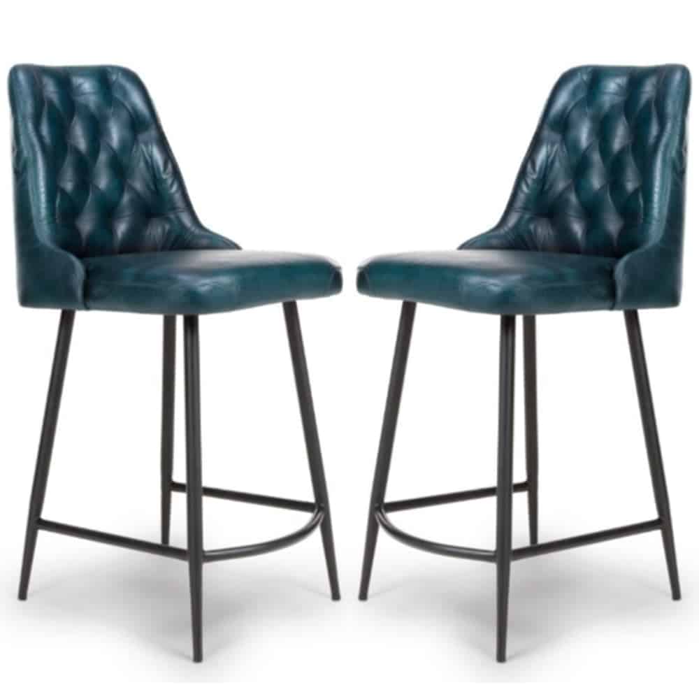 Basel Blue Buffalo Leather Counter Bar Chairs In Pair