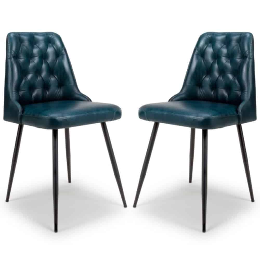 Basel Blue Buffalo Leather Dining Chairs In Pair