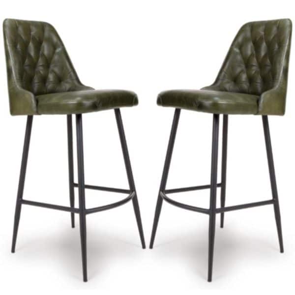Basel Green Buffalo Leather Bar Chairs In Pair | Bed Sava