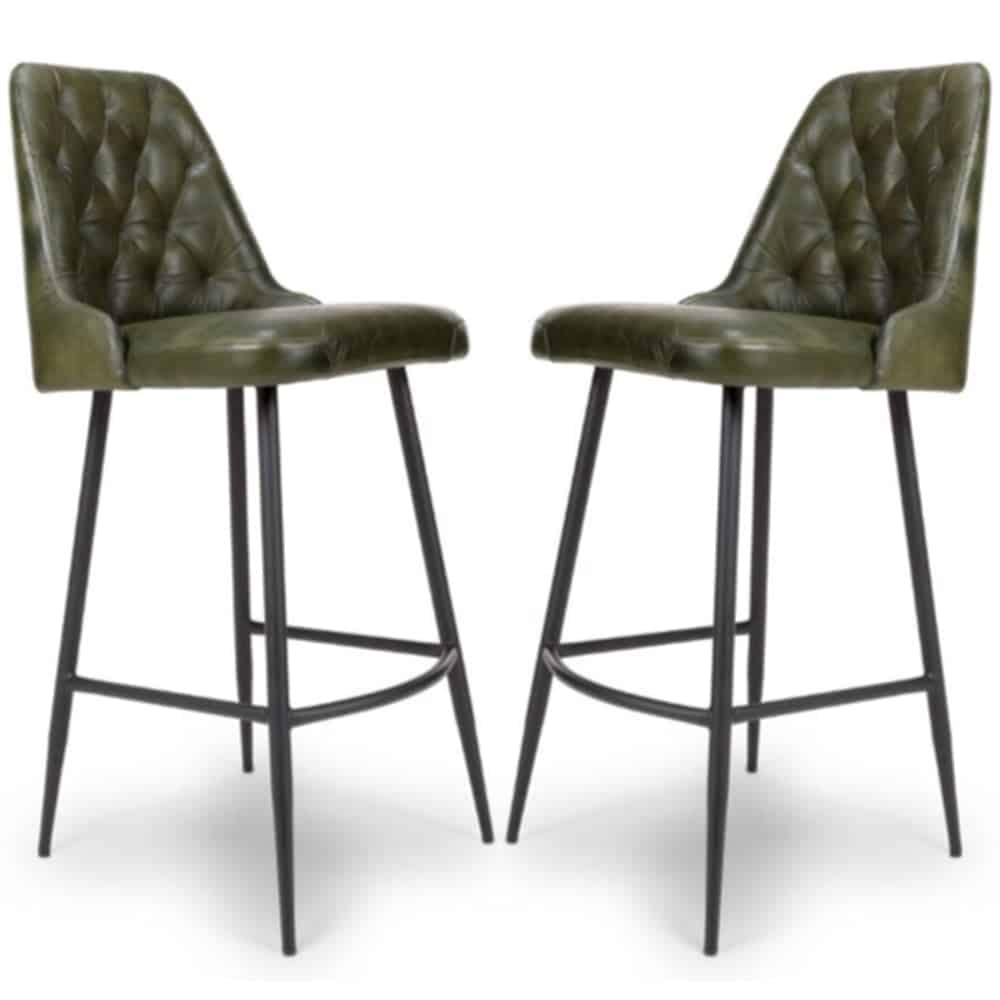 Basel Green Buffalo Leather Bar Chairs In Pair