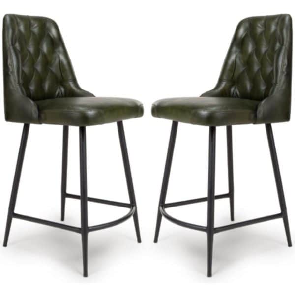 Basel Green Buffalo Leather Counter Bar Chairs In Pair | Bed Sava