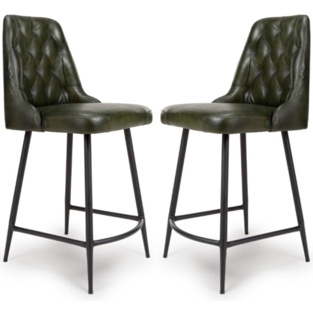 Basel Green Buffalo Leather Counter Bar Chairs In Pair
