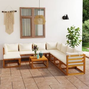 Basile Solid Wood 9 Piece Garden Lounge Set With Cream Cushions | Bed Sava
