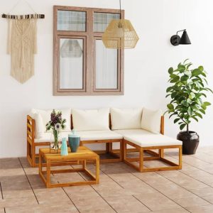 Basile Solid Wood 5 Piece Garden Lounge Set With Cream Cushions | Bed Sava
