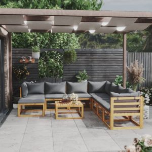 Basile Solid Wood 9 Piece Garden Lounge Set With Grey Cushions | Bed Sava