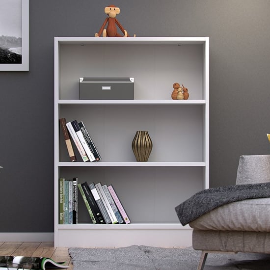 Baskon Wooden Wide Bookcase With 3 Shelves In White