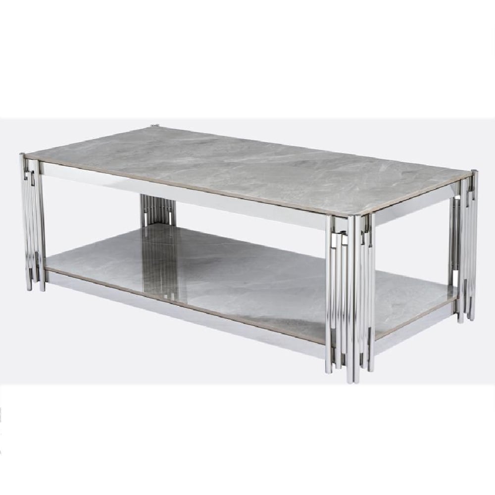 Bastia Sintered Stone Coffee Table With Chrome Frame In Grey
